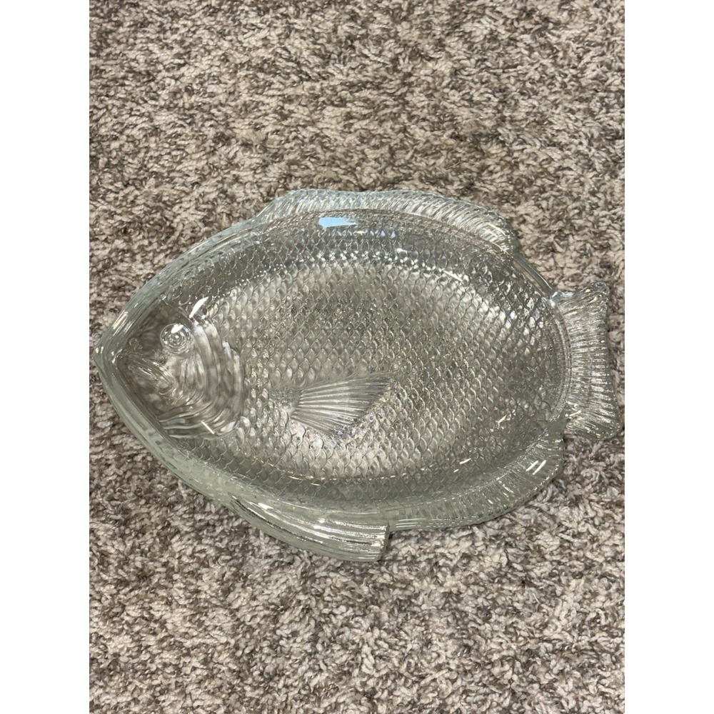 4 Glass Fish Shaped Plates Vtg 1970s Anchor Hocking Serving Dishes 11"x8" USA